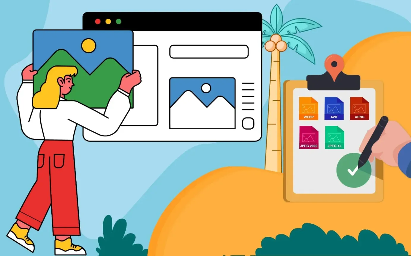 Best Image Formats for Website Speed: WEBP, AVIF, JPEG 2000, JPEG XL and APNG.
